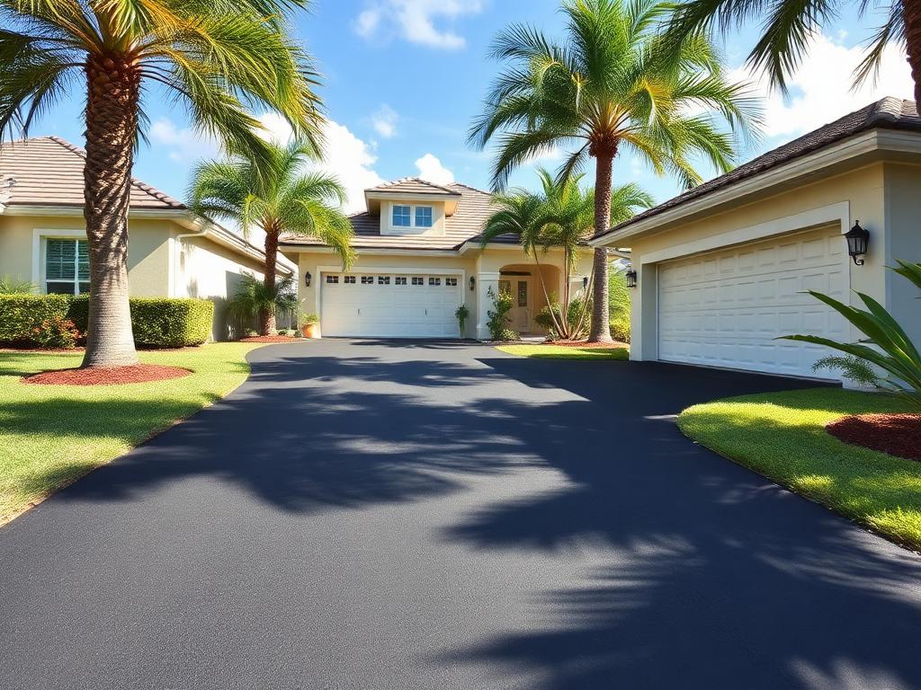 Residential asphalt driveway with palm trees