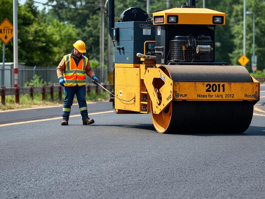 Paving crew operating heavy roller